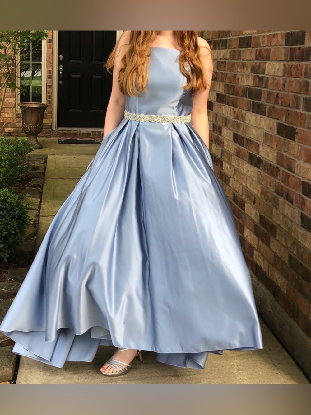 Betsy & Adam Satin Light Blue Prom Gown with Beaded Belt